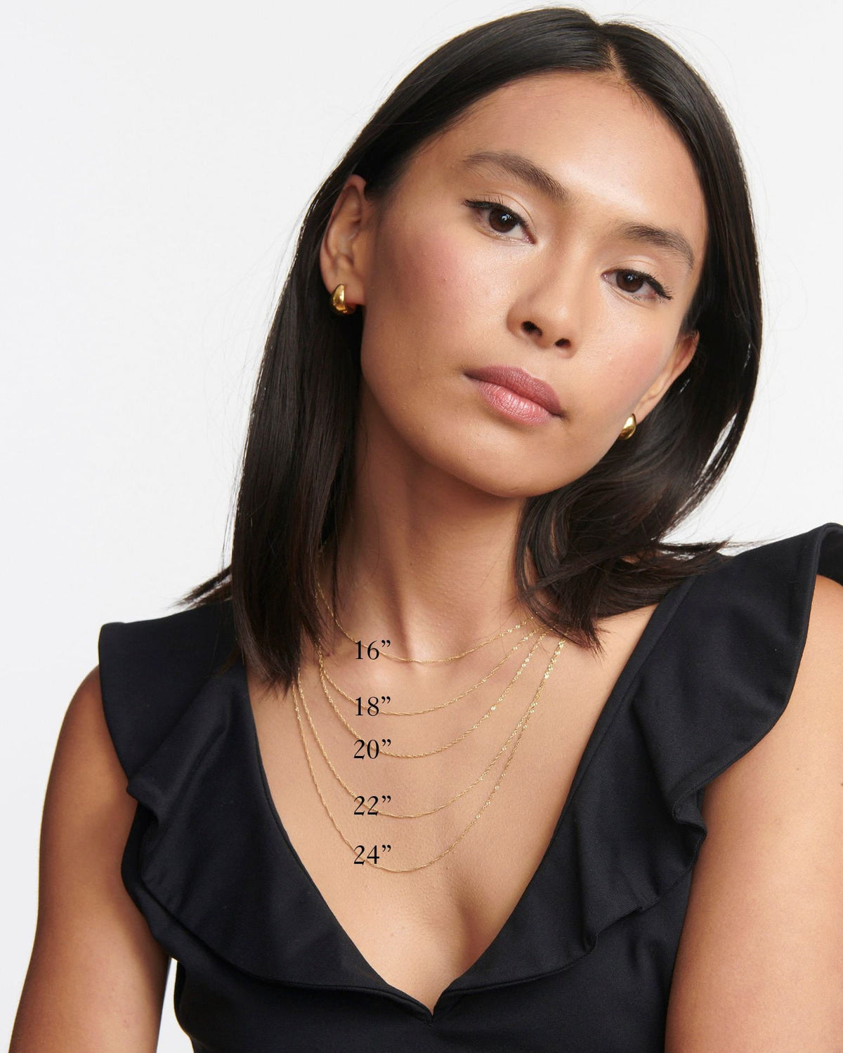 Length guide: the 1.2mm Singapore Chain at 16, 18, 20, 22 and 24 inches on a model.