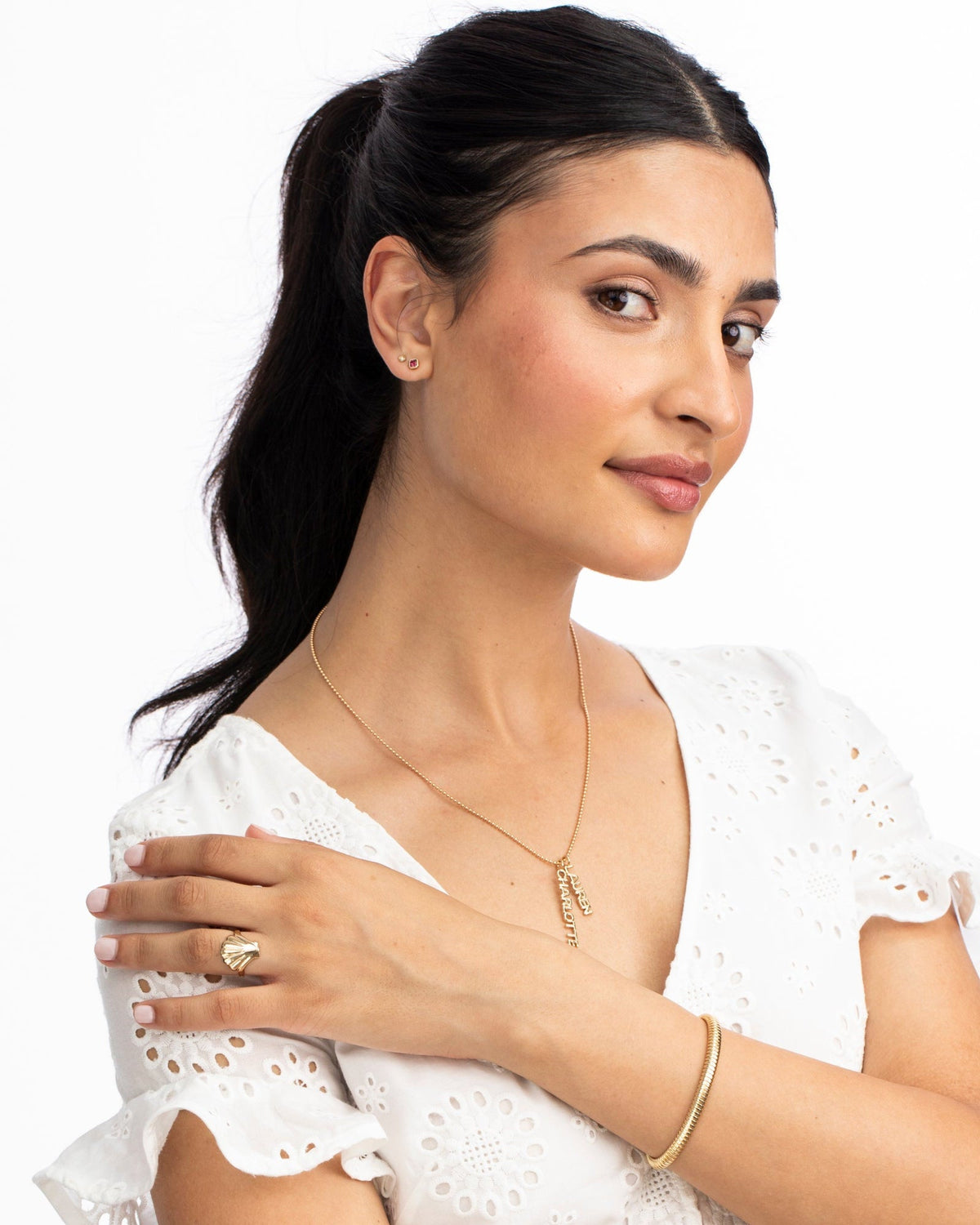Petite Dahlia Asscher Studs, styled photo