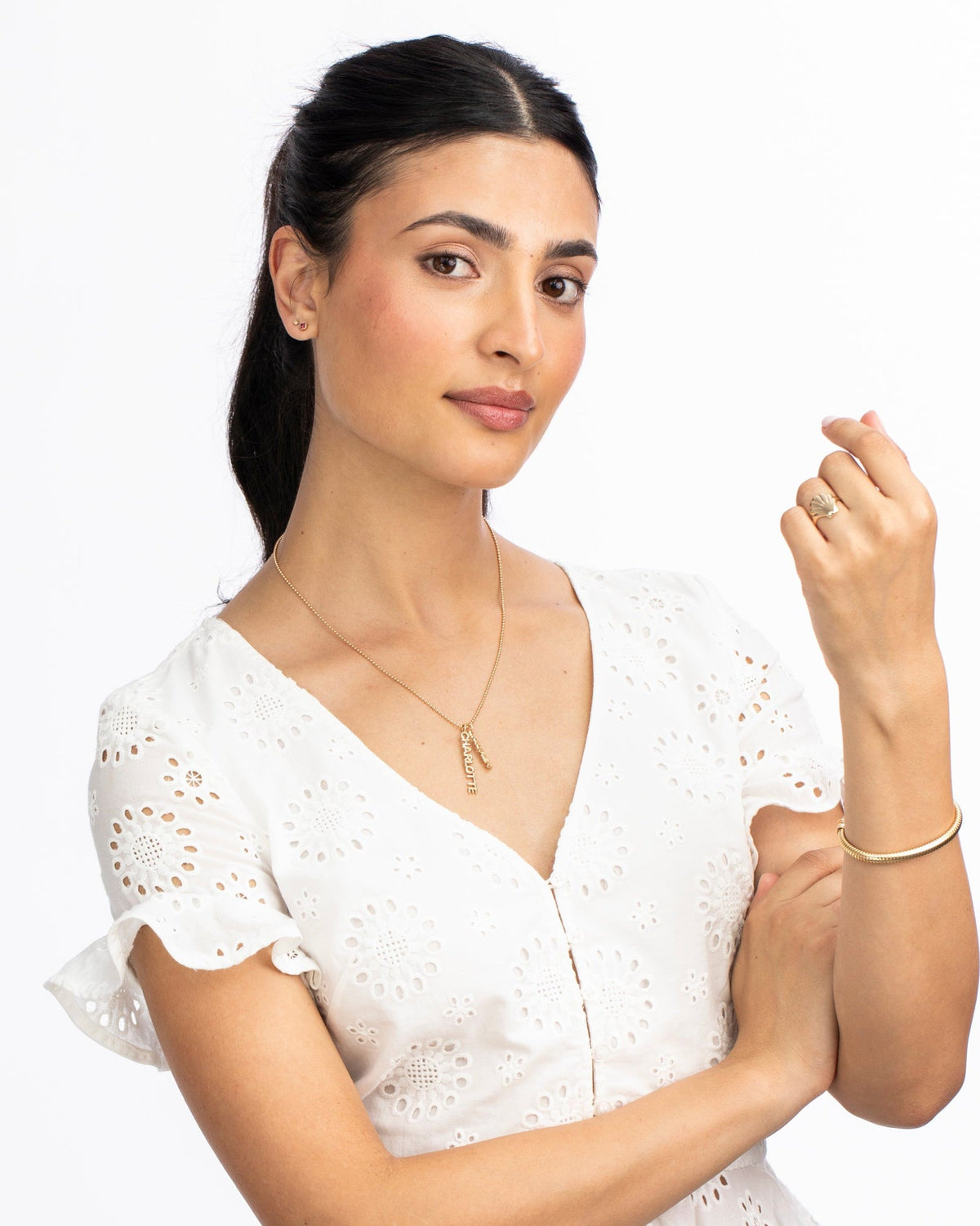Petite Dahlia Asscher Studs, styled photo