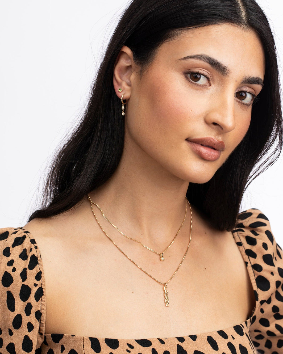 Petite Fern Asscher Studs, styled photo