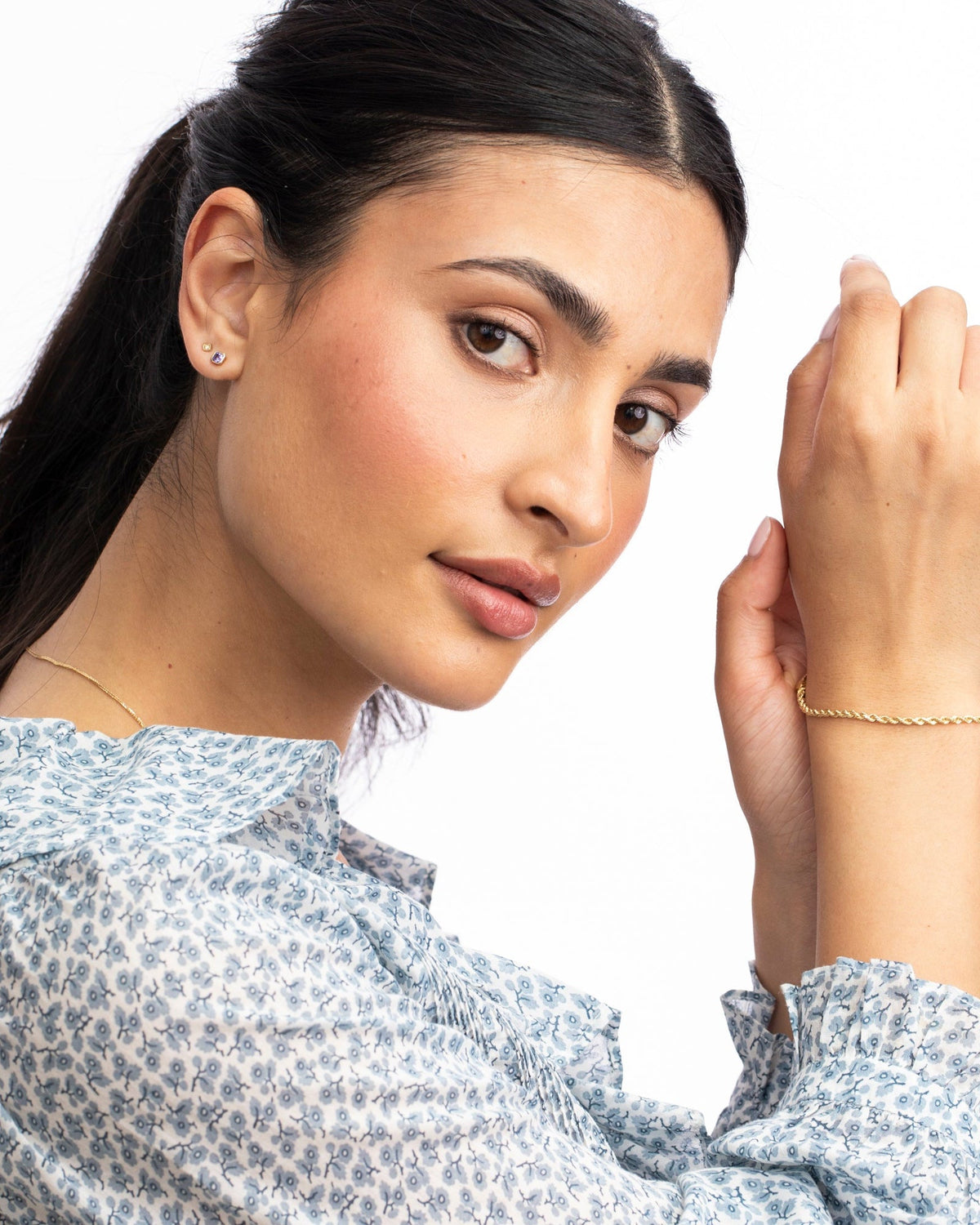 Petite Iris Asscher Studs, styled photo