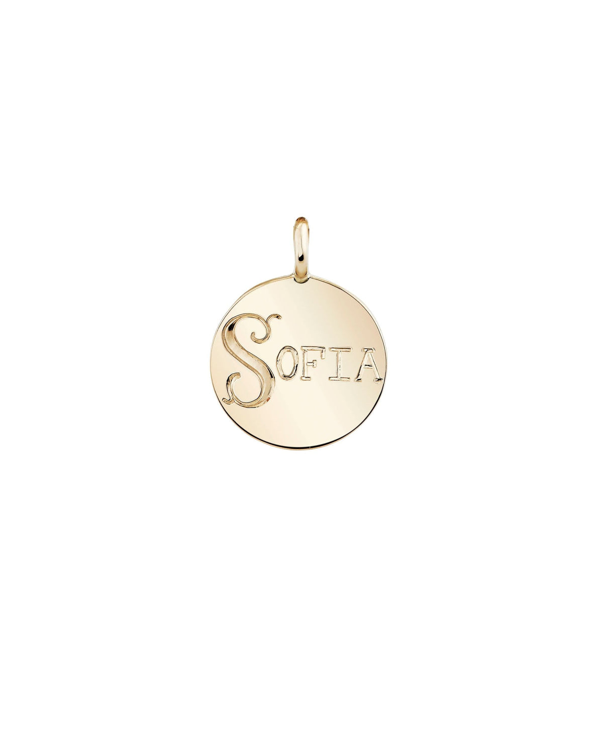 Close-up of a gold Medallion Signet charm engraved "Sofia", on a white background.