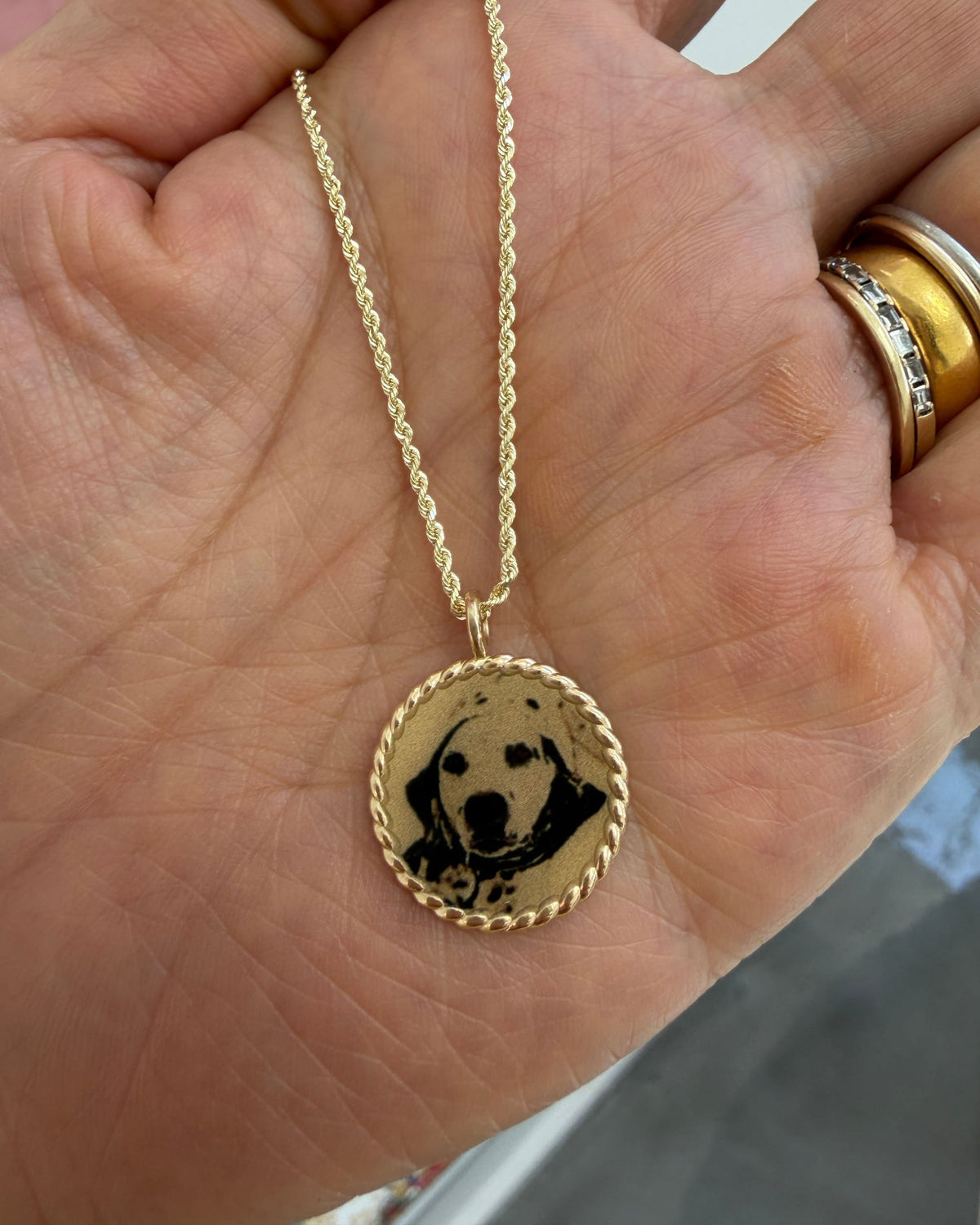 Imperial Portrait Pendant with a black and white dog portrait resting in an open palm.