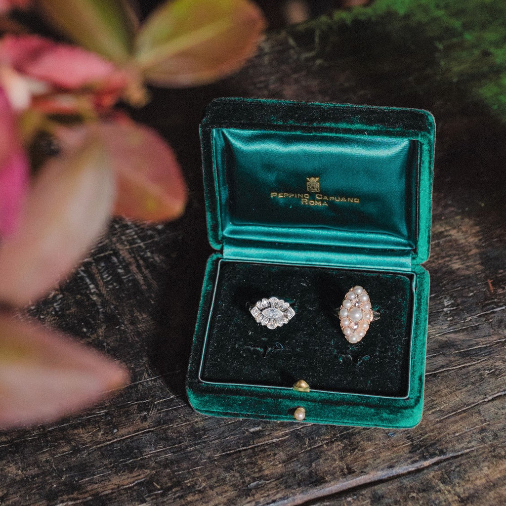 Victorian Pearl and Diamond Navette Ring -- Ariel Gordon Jewelry