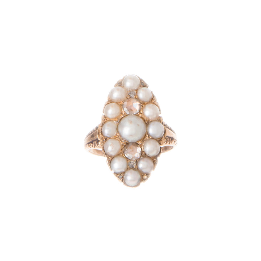 Victorian Pearl and Diamond Navette Ring -- Ariel Gordon Jewelry